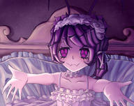 character:entoma_vasilissa_zeta copyright:overlord_(maruyama) general:1girl general:alternate_hairstyle general:antennae general:arthropod_girl general:chongwu_woniu general:closed_mouth general:collarbone general:dress general:extra_pupils general:eyelashes general:fangs general:hair_ribbon general:hairband general:looking_at_viewer general:medium_hair general:monster_girl general:on_bed general:open_hands general:outstretched_arms general:pillow general:purple_eyes general:purple_hair general:ribbon general:skin_fangs general:smile general:solo general:upper_body general:white_dress general:white_hairband general:white_ribbon meta:clothing_request meta:commentary_request meta:highres technical:grabber // 2170x1715 // 533.8KB