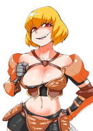 artist:zei-minarai character:clementine_(overlord) copyright:overlord_(maruyama) general:1girl general:armor general:bikini_armor general:blonde general:breasts general:clavicle general:cleavage general:elbow_pads general:female general:large_breasts general:looking_at_viewer general:metal_gloves general:midriff general:navel general:open_mouth general:red_eyes general:short_hair general:shoulder_armor general:smile general:solo general:spats general:tongue general:upper_teeth medium:simple_background medium:white_background tagme technical:grabber // 579x819 // 353.1KB