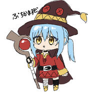 artist:chocoeiru character:megumin character:rimuru_tempest copyright:kono_subarashii_sekai_ni_shukufuku_wo! copyright:tensei_shitara_slime_datta_ken general:1girl general:bandaged_leg general:bandages general:belt general:black_belt general:black_thighhighs general:blue_hair general:boots general:brown_cape general:brown_hair general:cape general:chibi general:chibi_only general:cosplay general:doodles general:dress general:full_body general:hair_between_eyes general:hat general:holding general:holding_staff general:long_sleeves general:mage_staff general:megumin_(cosplay) general:open_mouth general:ponytail general:red_dress general:short_hair general:sidelocks general:simple_background general:single_thighhigh general:smile general:solo general:staff general:thighhighs general:white_background general:witch_hat general:yellow_eyes general:yellow_footwear meta:commentary_request meta:translation_request technical:grabber // 1071x1065 // 507.8KB