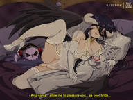 artist:bluethebone character:ainz_ooal_gown character:albedo copyright:overlord_(maruyama) general:1girl general:black_hair general:black_wings general:breasts general:bridal_lingerie general:bridal_veil general:cleavage general:dakimakura_(object) general:elbow_gloves general:english_text general:full_body general:gloves general:high_heels general:horns general:large_breasts general:lingerie general:long_hair general:on_bed general:pillow general:retro_artstyle general:subtitled general:underwear general:veil general:white_footwear general:white_gloves general:wings general:yellow_eyes meta:english_commentary technical:grabber // 1440x1080 // 2.7MB