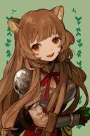 artist:kugaumelo character:raphtalia copyright:tate_no_yuusha_no_nariagari general:1girl general::d general:animal_ear_fluff general:animal_ears general:armor general:belt general:belt_buckle general:black_gloves general:breastplate general:breasts general:brown_belt general:brown_hair general:buckle general:gloves general:green_background general:hair_tubes general:long_hair general:medium_bangs general:medium_breasts general:neck_ribbon general:open_mouth general:raccoon_ears general:raccoon_girl general:red_eyes general:red_ribbon general:ribbon general:shoulder_armor general:smile general:solo general:teeth general:upper_teeth_only general:very_long_hair meta:highres technical:grabber // 800x1200 // 159.2KB