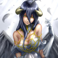 artist:zhan character:albedo copyright:madhouse copyright:overlord_(maruyama) general:black_hair general:breasts general:cleavage general:dress general:feather_(feathers) general:girl general:gloves general:horn_(horns) general:light_erotic general:long_hair general:looking_at_viewer general:single general:smile general:white_gloves general:wings general:yellow_eyes tagme technical:grabber // 1000x1000 // 750.6KB
