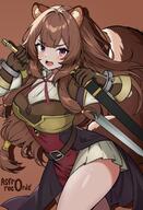 artist:asrto_records character:raphtalia copyright:tate_no_yuusha_no_nariagari general:1girl general:animal_ear_fluff general:armor general:artist_name general:belt general:black_dress general:blush general:breastplate general:breasts general:brown_background general:brown_belt general:brown_gloves general:brown_hair general:cowboy_shot general:dress general:elbow_gloves general:fang general:floating_hair general:gloves general:hands_up general:holding general:holding_sheath general:holding_sword general:holding_weapon general:leaning_forward general:long_hair general:looking_at_viewer general:medium_breasts general:multicolored_clothes general:multicolored_dress general:open_mouth general:pauldrons general:purple_eyes general:raccoon_tail general:red_dress general:sheath general:shoulder_armor general:simple_background general:single_pauldron general:skin_fang general:solo general:sword general:sword_behind_back general:tail general:thighs general:unsheathed general:weapon general:white_dress meta:commentary meta:english_commentary meta:highres technical:grabber // 1248x1824 // 280.7KB