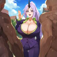 character:shion_(tensei_shitara_slime_datta_ken) copyright:tensei_shitara_slime_datta_ken general:1girls general:2boys general:cleavage general:dark-skinned_male general:horn general:imminent_sex general:interracial general:purple_eyes general:purple_hair general:smile general:waving meta:ai_generated technical:grabber // 1024x1024 // 980.2KB