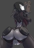 artist:mikoyan character:sanakan copyright:blame! general:1girl general:android general:arched_back general:arms_up general:ass general:black_hair general:blue_lips general:breasts general:covered_nipples general:cowboy_shot general:facial_mark general:from_behind general:from_below general:grey_background general:grey_eyes general:large_breasts general:lips general:looking_at_viewer general:looking_back general:mechanical_spine general:median_furrow general:pale_skin general:parted_lips general:prosthesis general:prosthetic_arm general:safeguard_(blame!) general:screw general:short_hair general:simple_background general:solo meta:bad_id meta:bad_pixiv_id meta:commentary_request technical:grabber // 706x1000 // 372.5KB