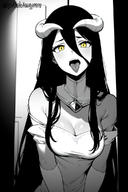 artist:pikkiwynn character:albedo copyright:overlord_(maruyama) general:bare_shoulders general:breasts general:cleavage general:demon_girl general:demon_horns general:detached_collar general:dress general:female general:gloves general:hair_between_eyes general:horns general:large_breasts general:long_hair general:looking_at_viewer general:open_mouth general:slit_pupils general:solo general:tongue general:tongue_out general:yellow_eyes meta:ai_generated meta:greyscale meta:monochrome meta:spot_color technical:grabber // 768x1152 // 232.2KB