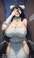 artist:gumi_arts character:albedo copyright:overlord_(maruyama) general:alley general:black_hair general:cleavage general:covered_nipples general:covering_face general:glowing_eyes general:horns general:huge_breasts general:open_mouth general:outdoors general:succubus general:thick_thighs general:wide_hips general:yellow_eyes meta:ai_generated meta:stable_diffusion technical:grabber // 1072x1844 // 441.2KB