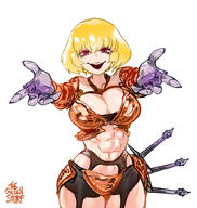 artist:the_golden_smurf character:clementine_(overlord) copyright:overlord_(maruyama) general:1girl general:abs general:armor general:bare_shoulders general:bikini_armor general:blonde_hair general:breastplate general:breasts general:cleavage general:collarbone general:cowboy_shot general:dagger general:garter_straps general:gauntlets general:knife general:large_breasts general:looking_at_viewer general:navel general:open_mouth general:red_eyes general:short_hair general:simple_background general:smile general:solo general:standing general:teeth general:upper_teeth_only general:weapon general:white_background technical:grabber // 975x1027 // 528.4KB
