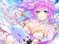 artist:meno390216 character:luca_(shironeko_project) character:rimuru_tempest copyright:shironeko_project copyright:tensei_shitara_slime_datta_ken general:1girl general:angel general:breasts general:cleavage general:crossover general:feathered_wings general:gradient_hair general:hair_ornament general:halo general:multicolored_hair general:purple_hair general:side_ponytail general:slime_(substance) general:smile general:star-shaped_pupils general:star_(symbol) general:symbol-shaped_pupils general:thighhighs general:wings meta:absurdres meta:highres technical:grabber // 3500x2600 // 6.5MB