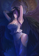 artist:ousang character:albedo copyright:madhouse copyright:overlord_(maruyama) general:ahoge general:armpit_(armpits) general:arms_up general:black_wings general:breasts general:cleavage general:demon_girl general:detached_collar general:elbow_gloves general:girl general:gloves general:hair_over_one_eye general:hands_on_head general:horn_(horns) general:large_breasts general:light_erotic general:long_hair general:looking_at_viewer general:no_panties general:purple_background general:purple_hair general:side_slit general:signed general:single general:smile general:standing general:tall_image general:thighs general:white_gloves general:wings general:yellow_eyes tagme technical:grabber // 1050x1500 // 273.7KB