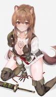 artist:mexif character:raphtalia copyright:tate_no_yuusha_no_nariagari general:1girl general:animal_ear_fluff general:animal_ears general:arm_support general:armor general:blush general:boots general:breasts general:brown_hair general:chest_tattoo general:cleavage general:closed_mouth general:collarbone general:cross-laced_footwear general:elbow_gloves general:gloves general:hand_on_own_chest general:knee_boots general:large_breasts general:long_hair general:long_sleeves general:looking_at_viewer general:on_floor general:partially_unbuttoned general:presenting general:raccoon_ears general:raccoon_girl general:raccoon_tail general:red_ribbon general:ribbed_shirt general:ribbon general:sheath general:sheathed general:shirt general:shoulder_armor general:sitting general:skirt general:slave_tattoo general:solo general:sword general:tail general:tattoo general:thighs general:weapon meta:highres technical:grabber // 1200x2075 // 286.7KB