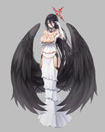 character:albedo character:hasumi_(blue_archive) copyright:blue_archive copyright:overlord_(maruyama) general:1girl general:albedo_(overlord)_(cosplay) general:alternate_costume general:black_garter_belt general:black_garter_straps general:black_hair general:black_wings general:bolcham general:breasts general:cleavage general:cosplay general:double-parted_bangs general:dress general:elbow_gloves general:feathered_wings general:garter_belt general:garter_straps general:gloves general:grey_background general:hair_between_eyes general:halo general:hip_vent general:large_breasts general:long_bangs general:looking_at_viewer general:low_wings general:red_eyes general:red_halo general:simple_background general:solo general:strapless general:strapless_dress general:white_dress general:white_gloves general:wings meta:absurdres meta:commentary_request meta:highres technical:grabber // 2386x3000 // 2.4MB