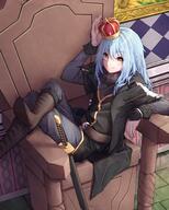 artist:yilocity character:rimuru_tempest copyright:tensei_shitara_slime_datta_ken general:1other general:androgynous general:belt general:belt_buckle general:black_coat general:blue_hair general:brown_belt general:brown_footwear general:buckle general:closed_mouth general:coat general:crown general:grey_pants general:grey_shirt general:hair_between_eyes general:indoors general:long_hair general:long_sleeves general:looking_at_viewer general:pants general:sheath general:sheathed general:shirt general:sitting general:solo general:sword general:weapon general:yellow_eyes meta:commentary_request meta:highres technical:grabber // 1600x2000 // 1.8MB