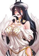 artist:oxenia character:albedo copyright:overlord_(maruyama) general:1girl general::d general:ahoge general:ass general:bangs general:bare_shoulders general:black_hair general:blush general:breasts general:cleavage general:demon_girl general:demon_horns general:dress general:eyebrows_visible_through_hair general:eyes_visible_through_hair general:fangs general:feathered_wings general:finger_to_mouth general:gloves general:hair_between_eyes general:hand_on_own_chest general:heart general:heart-shaped_pupils general:horns general:large_breasts general:long_hair general:looking_at_viewer general:low_wings general:open_mouth general:skindentation general:slit_pupils general:smile general:solo general:symbol-shaped_pupils general:white_dress general:white_gloves general:white_wings general:wings general:yellow_eyes meta:absurdres meta:highres technical:grabber // 2300x3292 // 721.7KB
